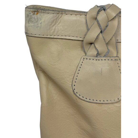 Vtg Sears Genuine Leather Shop Beige PUrse Tote Bag Braided Handles Hobo Bucket - Picture 7 of 13
